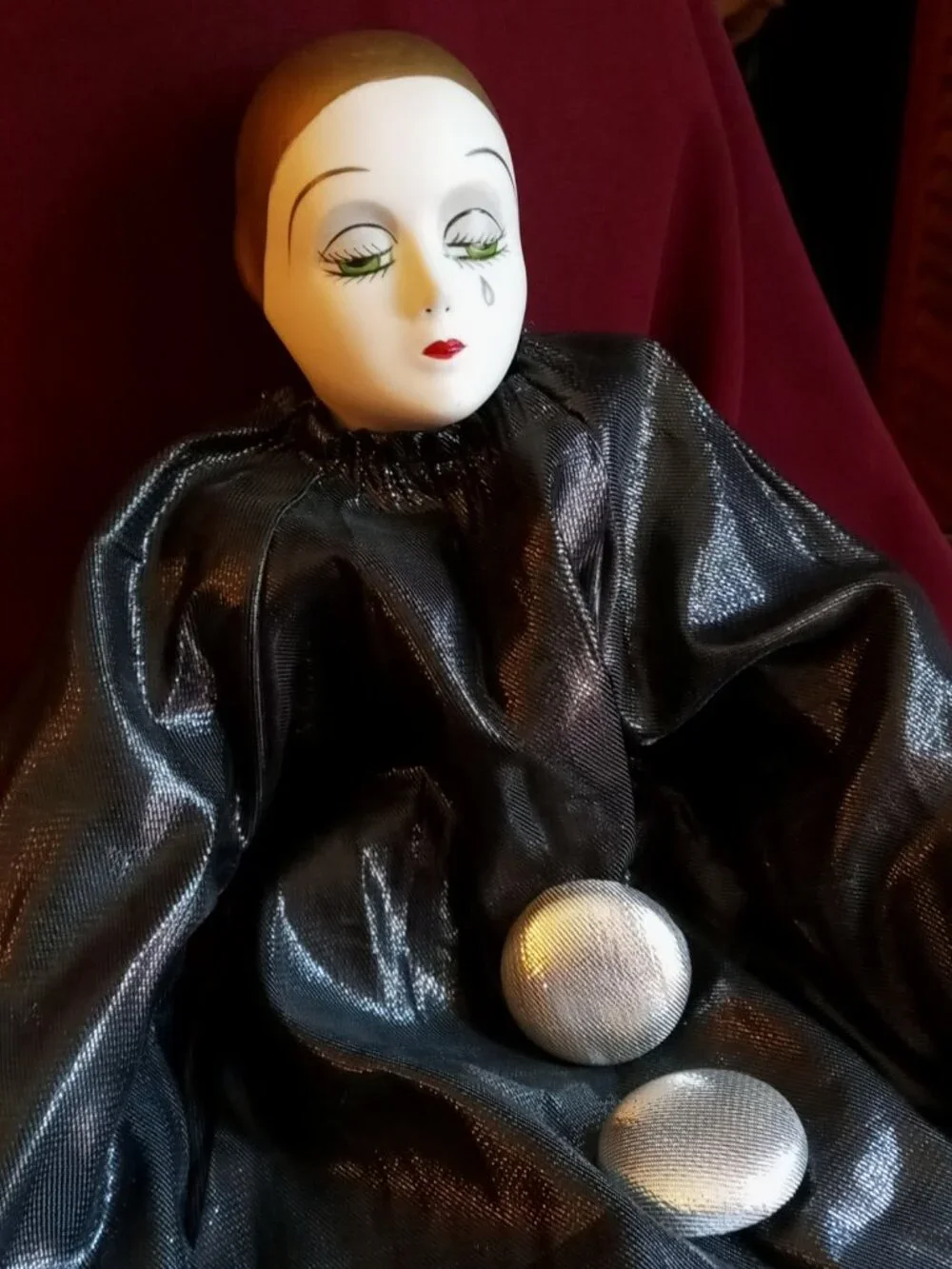 Stunning Vintage Pierrot Porcelain Clown Doll Black Silver Costume Teardrop Face